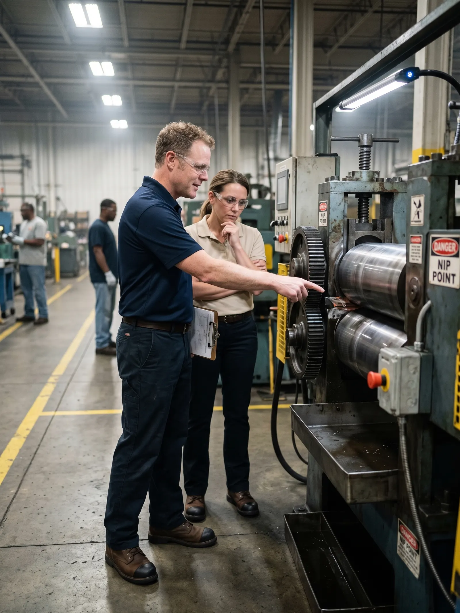 A safety consultant and a plant safety manager examining an unguarded roll mill gear train marked with DANGER NIP POINT signage on a manufacturing floor.