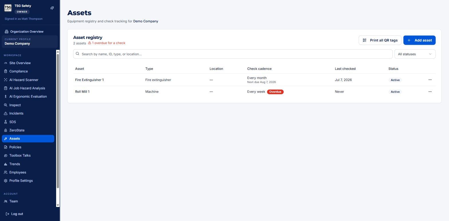 Asset registry listing assets with type, check cadence, last checked and status