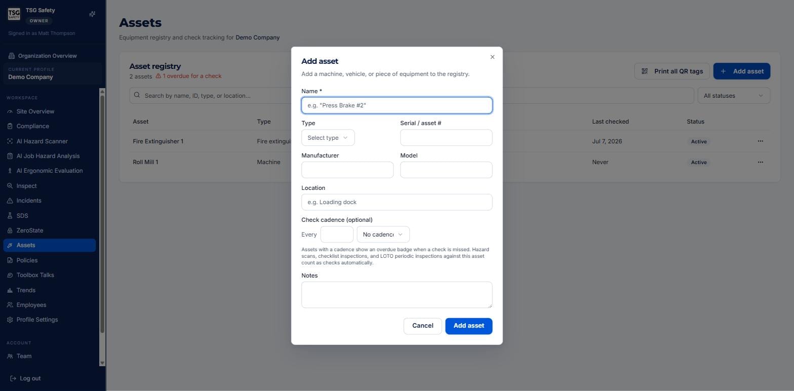 Add asset dialog with name, type, serial, manufacturer, location and check cadence fields
