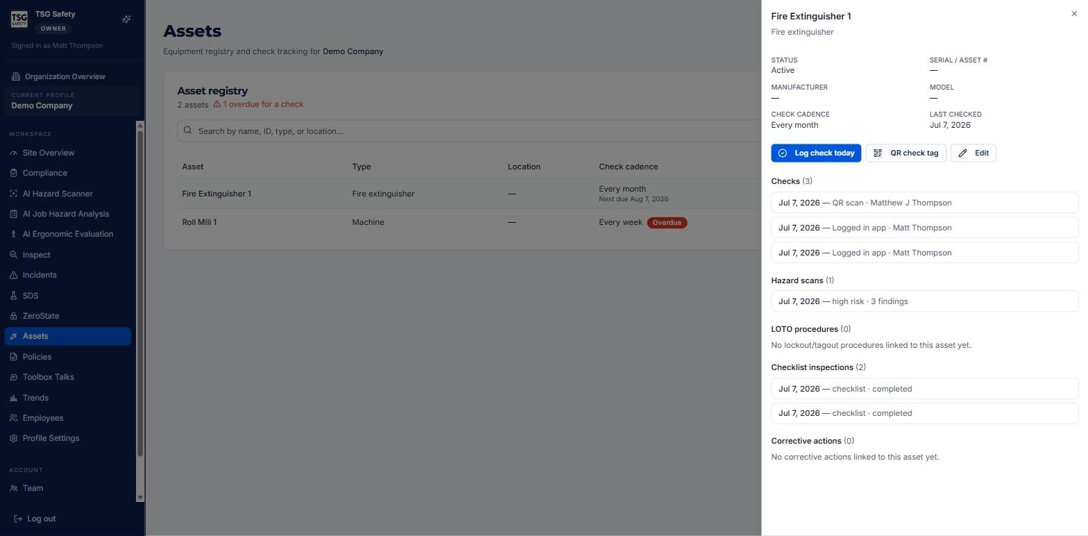 Asset detail panel showing checks, hazard scans, LOTO procedures, checklist inspections and corrective actions