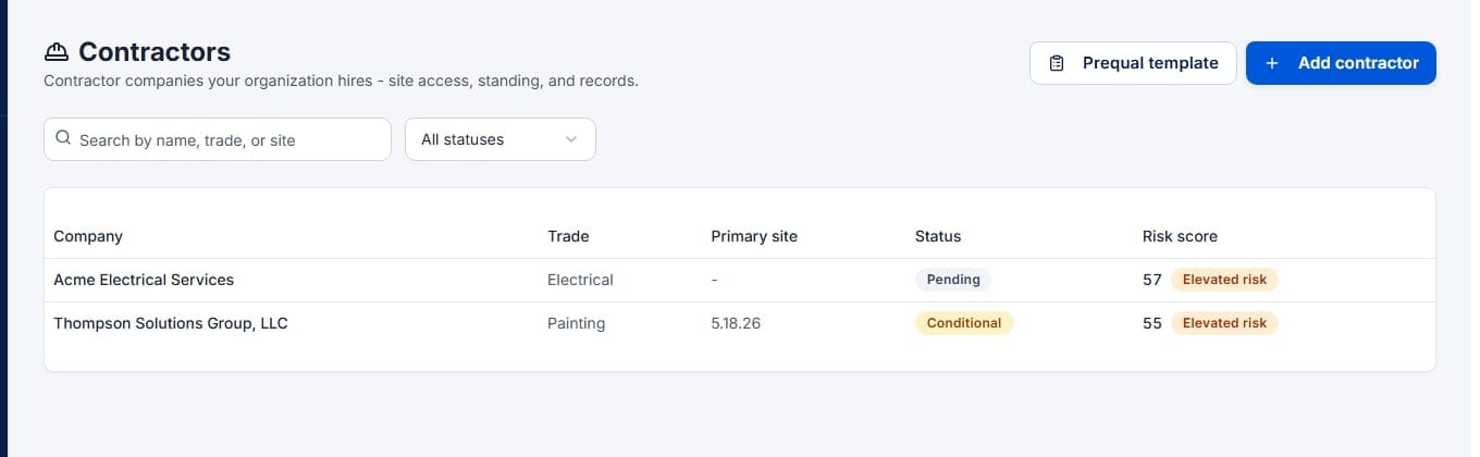 Contractors list showing two contractor companies with status badges and risk scores