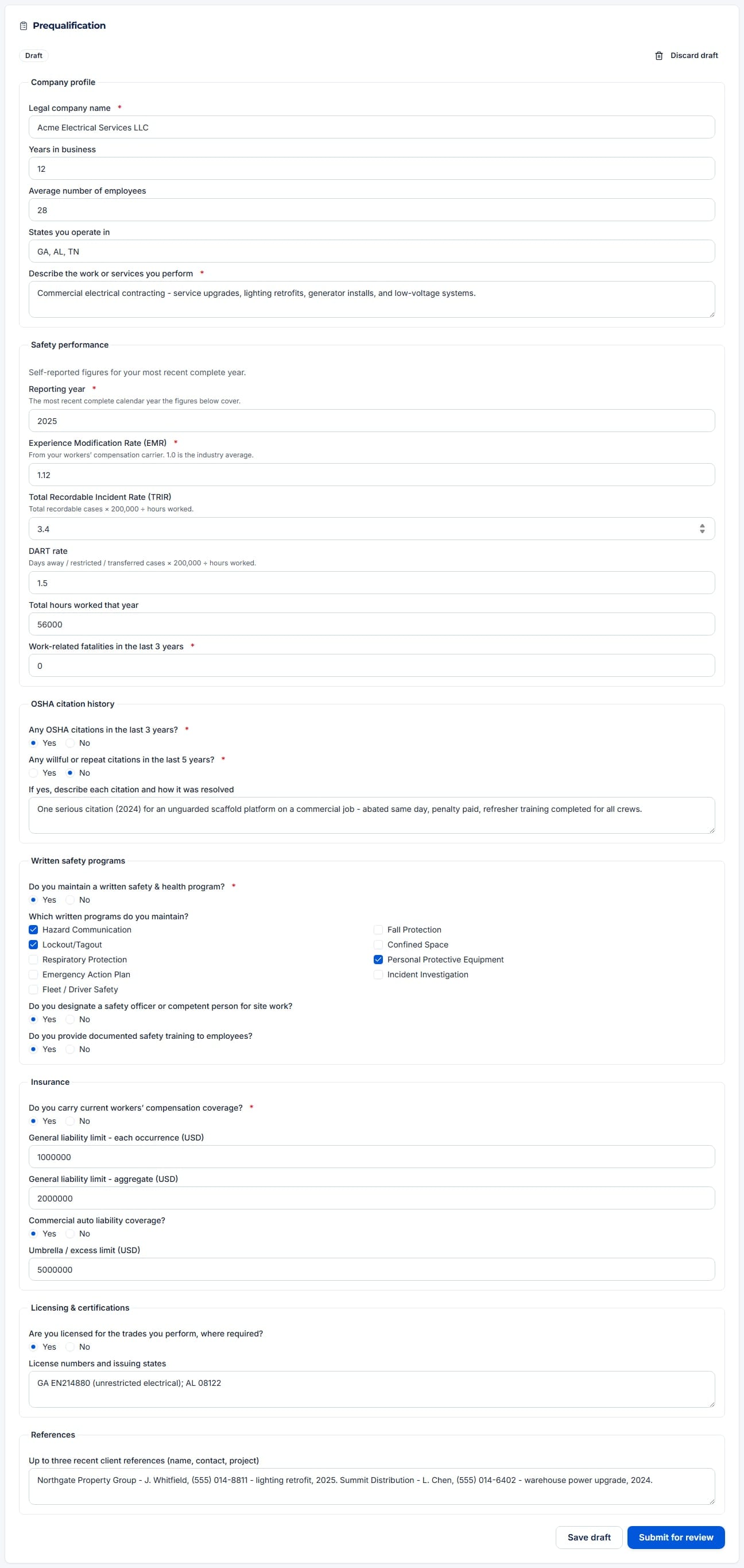 Prequalification questionnaire draft with company profile, safety performance, and citation history sections filled in
