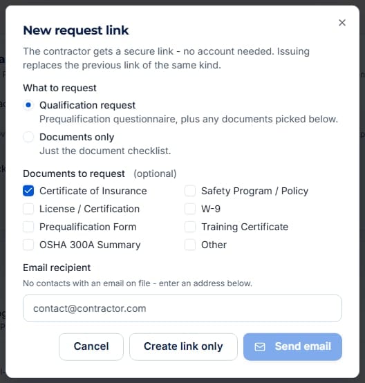 New request link dialog with qualification request selected and document checkboxes