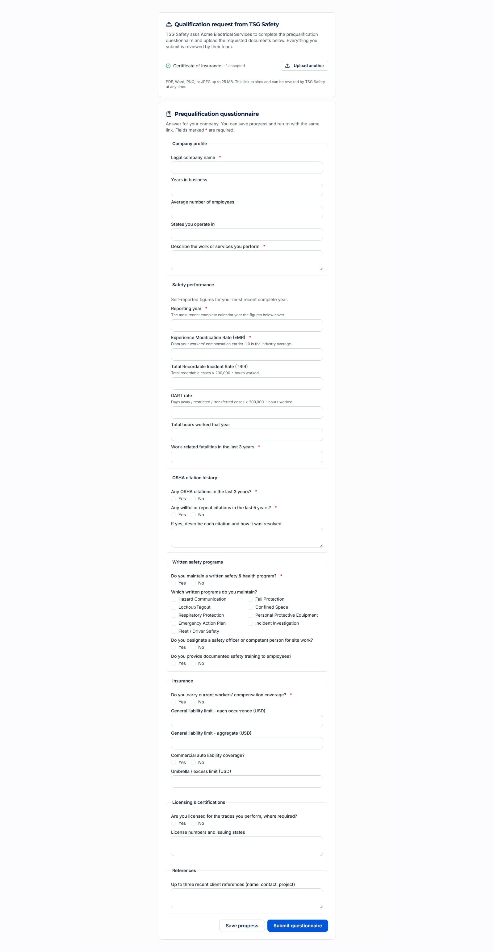 Contractor portal page showing the document checklist and the prequalification questionnaire