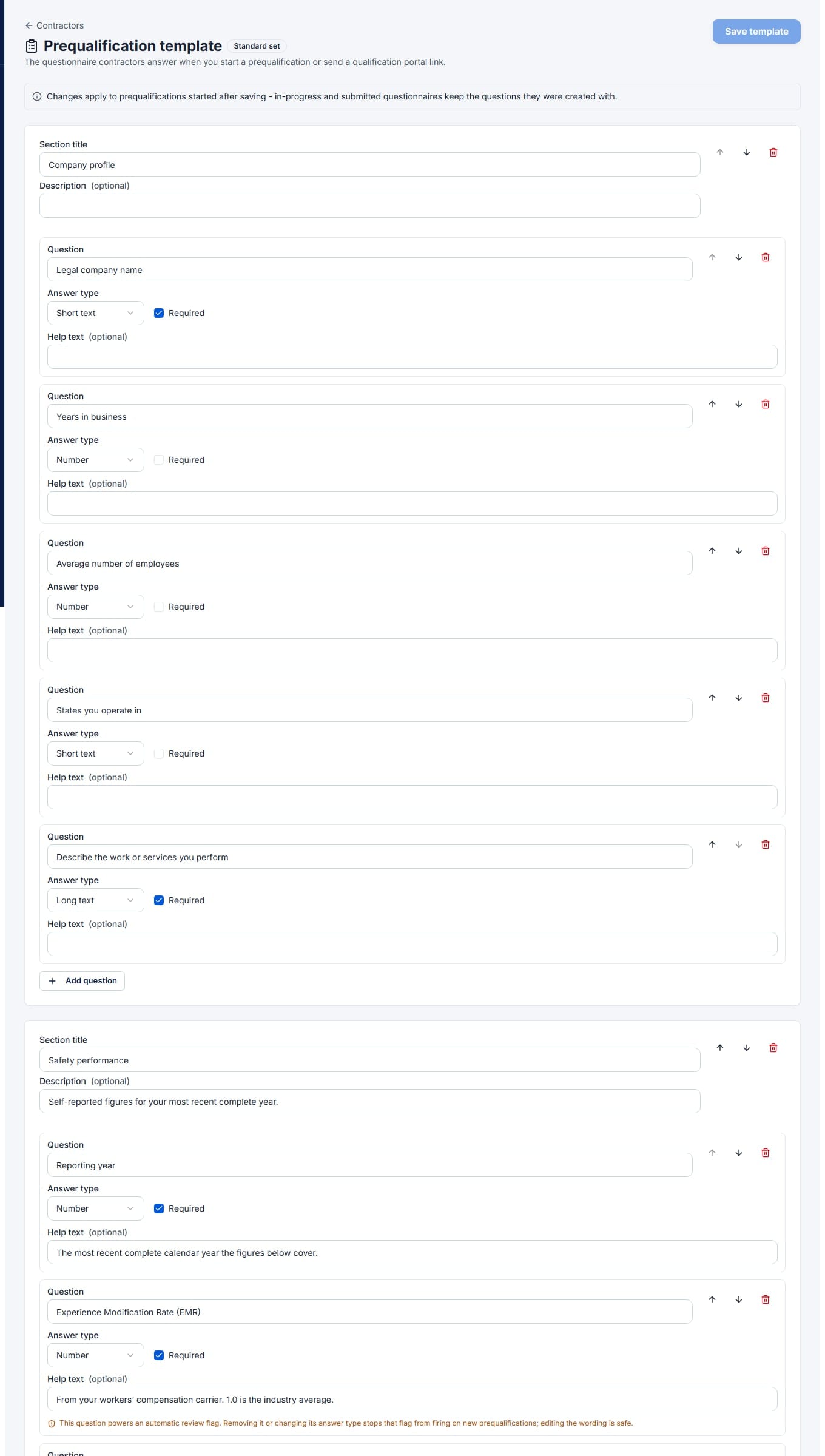 Prequalification template builder with editable sections and questions