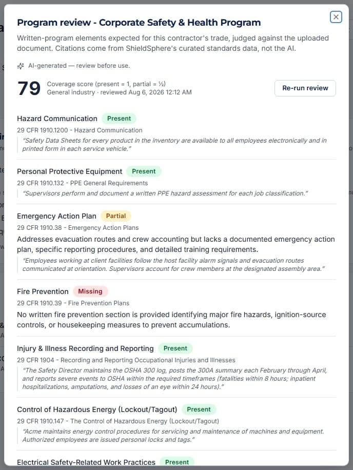 Program review dialog showing a 79 coverage score and per-element Present, Partial, and Missing verdicts with citations and evidence quotes