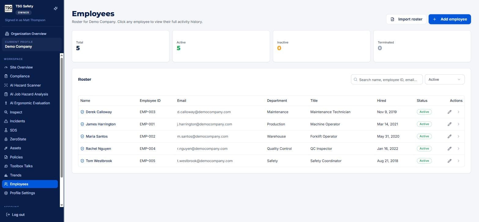 Employees roster with status tiles and a table of employees by department, title and hire date