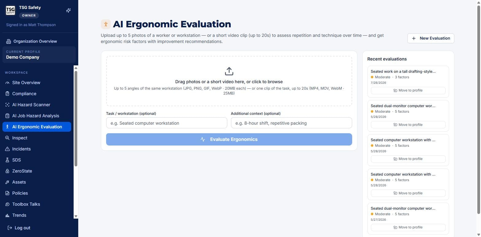 Ergonomic Evaluation home with the upload box, task and context fields, and recent evaluations