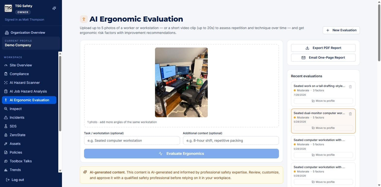 An ergonomic evaluation showing the uploaded workstation photo and export options
