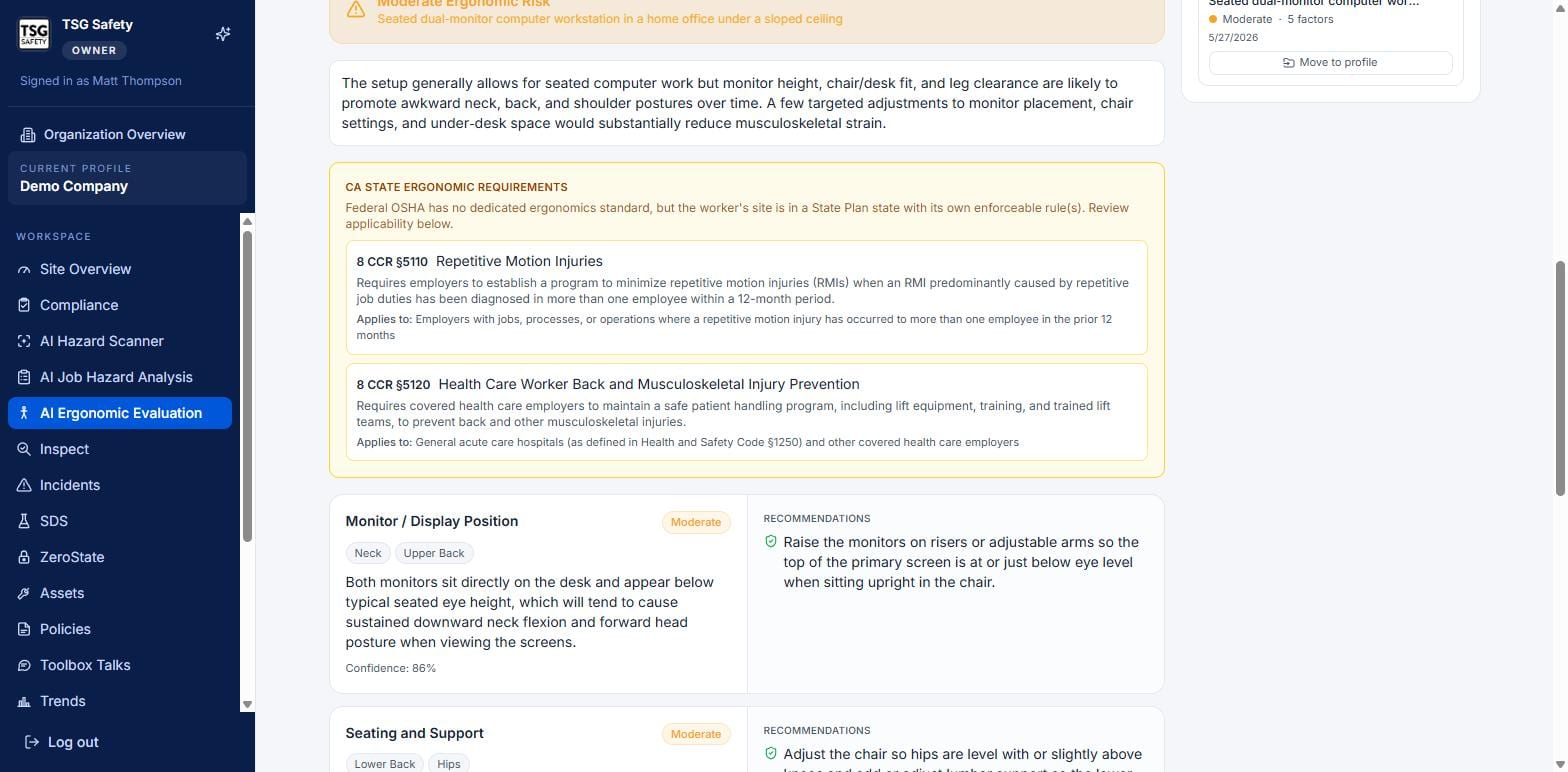 Overall risk, state ergonomic requirements, and the first risk factors with recommendations