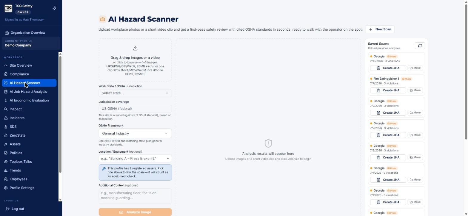 AI Hazard Scanner home with the upload box, scan options, and the saved scans list