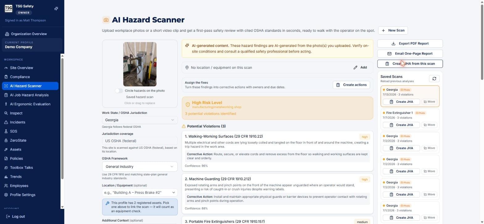 Scan results showing risk level, potential violations with citations, and the actions bar