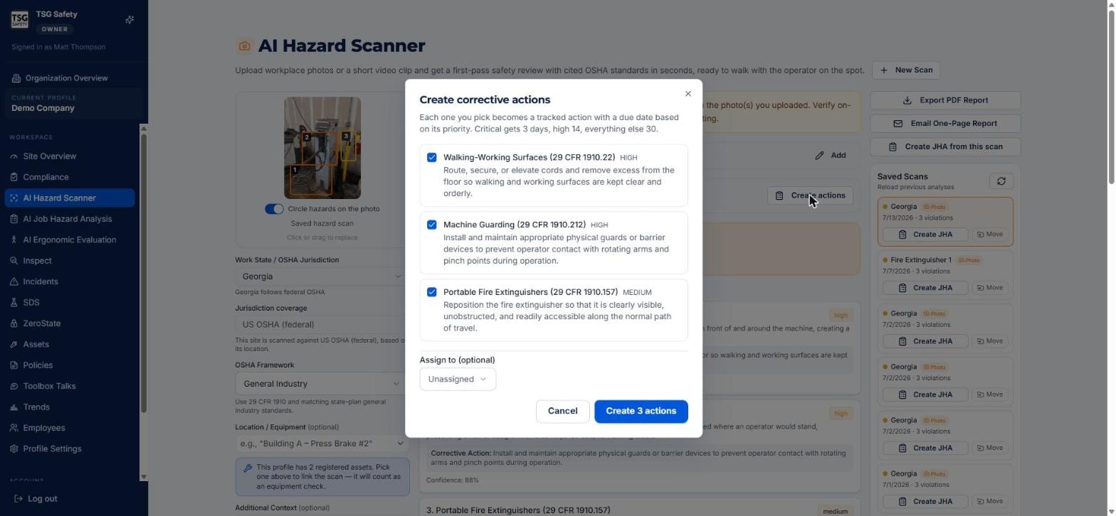Create corrective actions dialog listing each finding with a checkbox and an assignee field