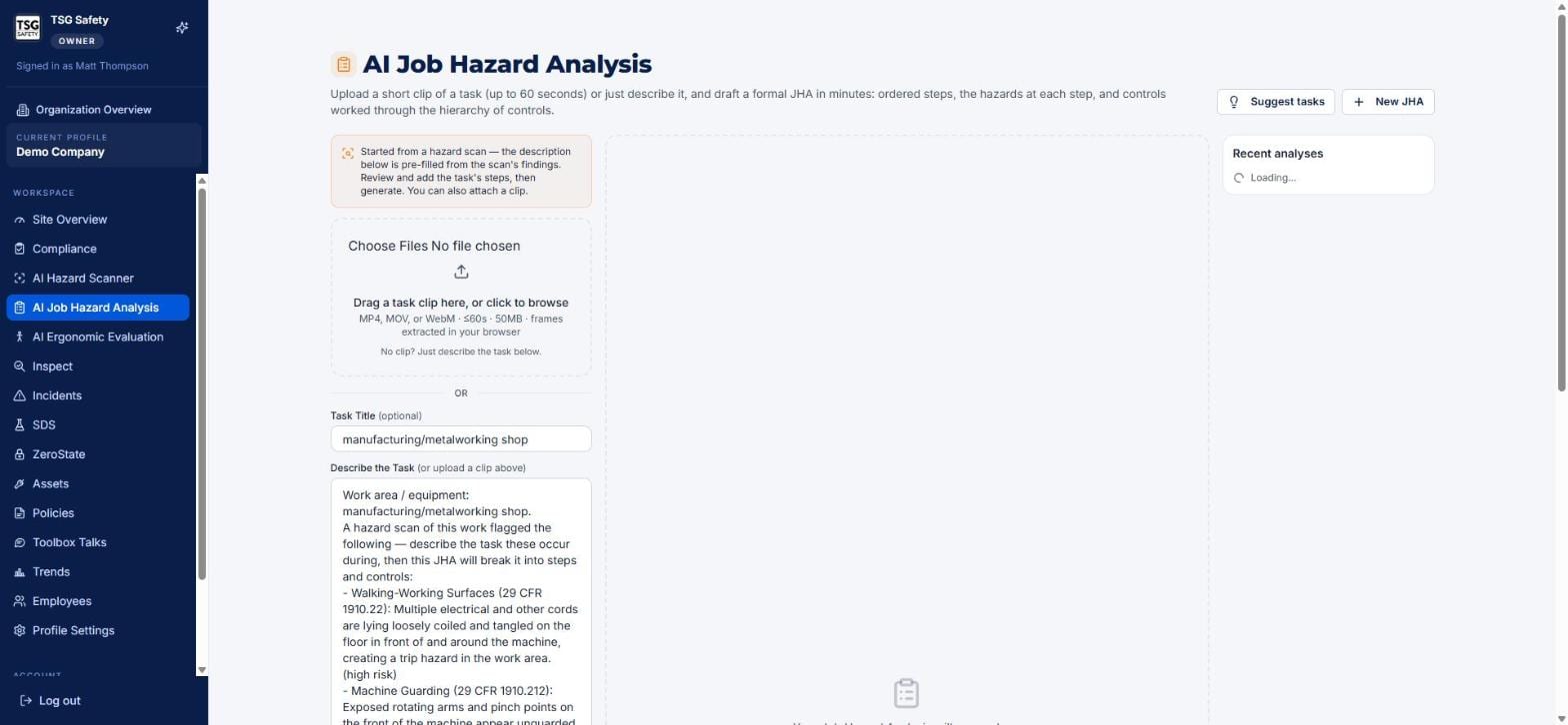 Job Hazard Analysis screen pre-filled with the scan's findings as the task description