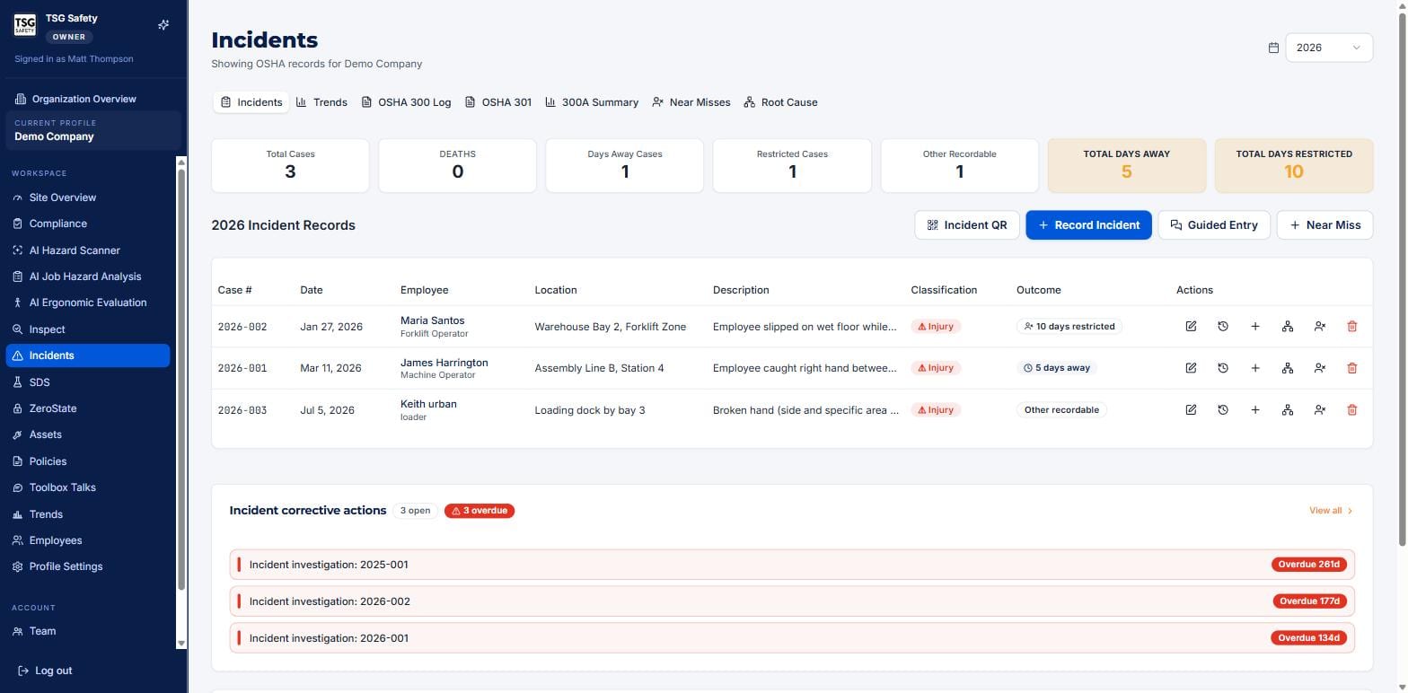 Incidents home with OSHA summary tiles, the incident records table, and corrective actions