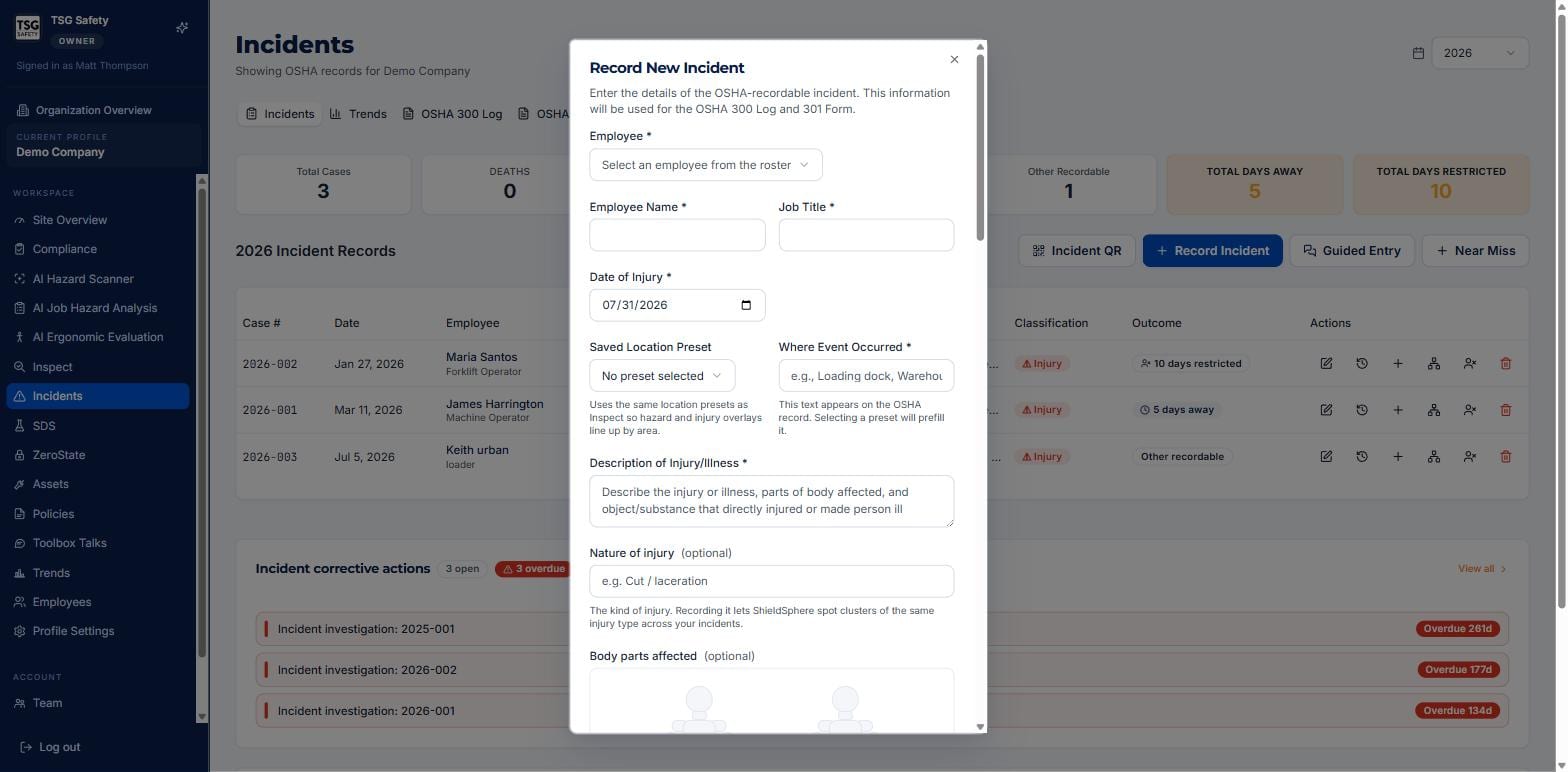Record New Incident form with employee, date, location and description fields