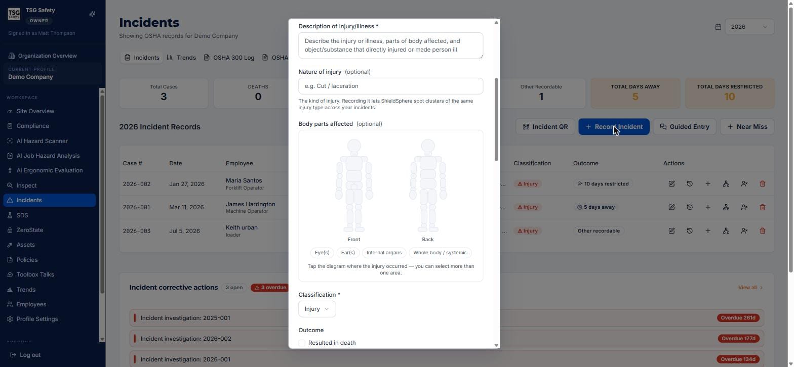 Body-parts diagram and classification dropdown in the incident form