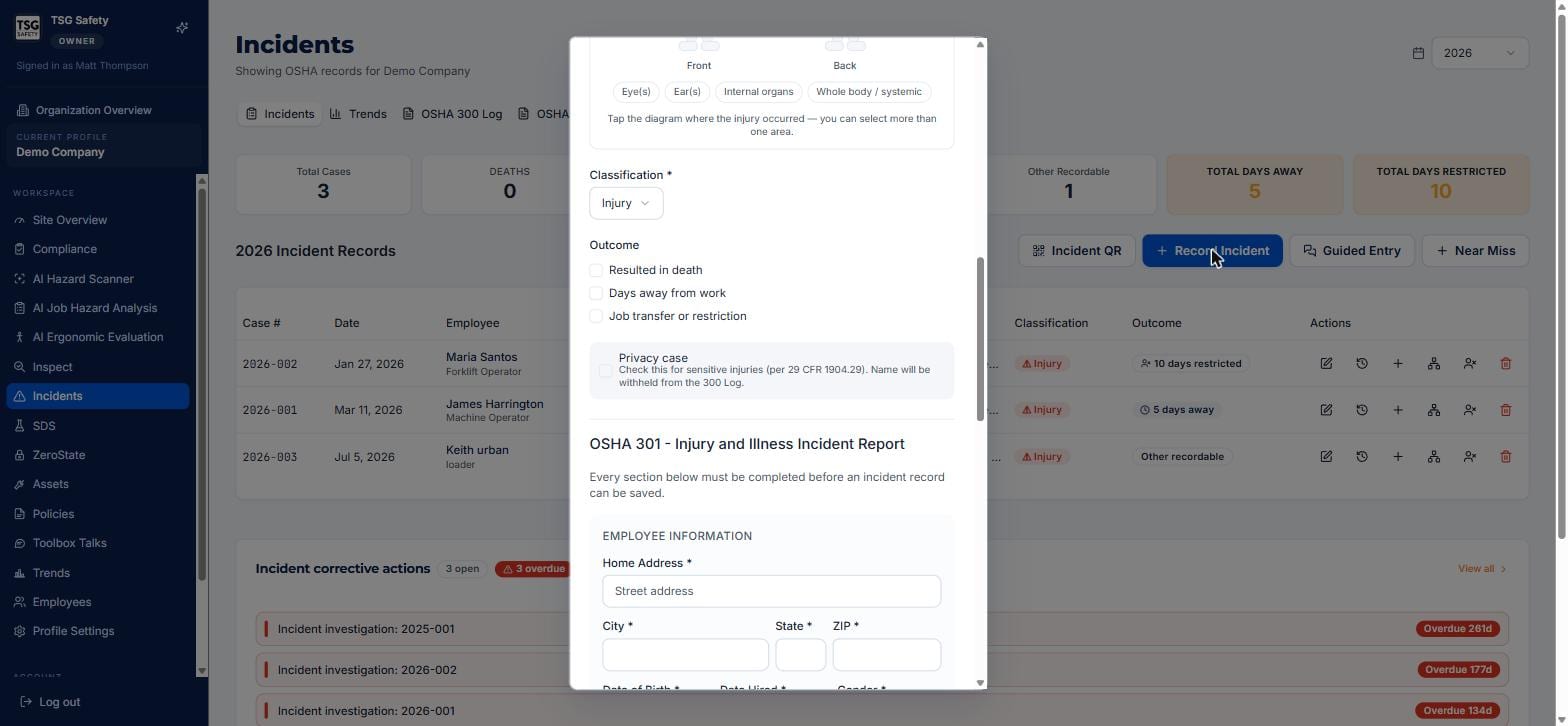 Outcome checkboxes, privacy case option, and the OSHA 301 employee information section