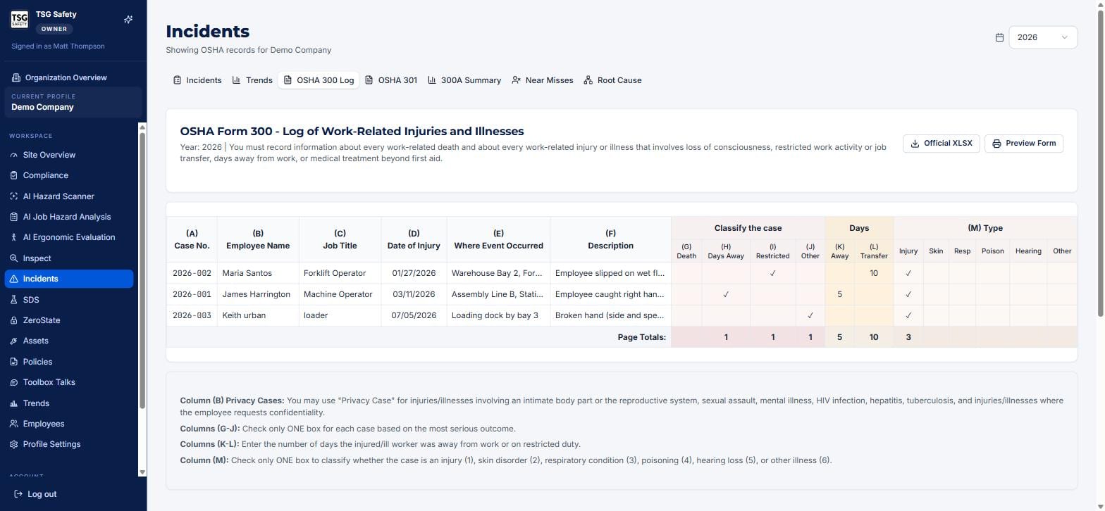 OSHA Form 300 log with cases classified across columns A to M and page totals