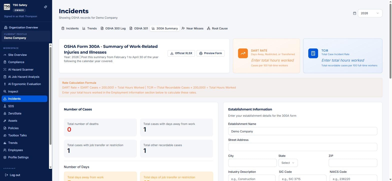 OSHA Form 300A summary with DART and TCIR rate calculators and establishment information