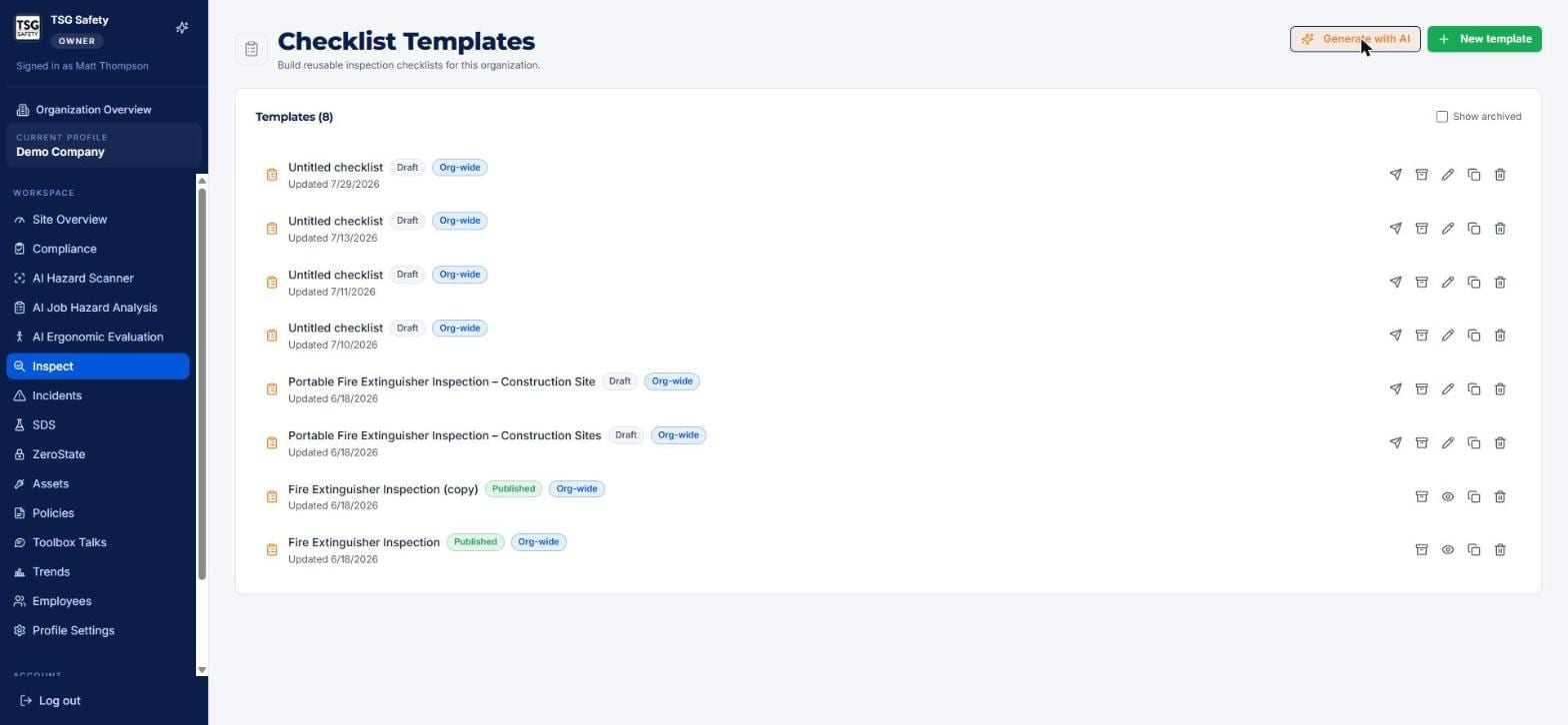 Checklist Templates library with draft and published templates