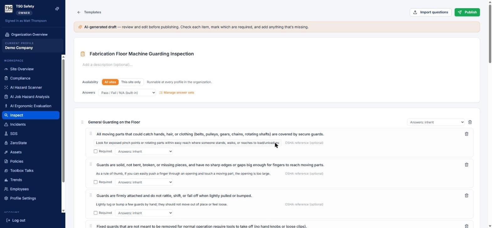 Checklist builder with an AI-generated draft, title, availability and answer set controls