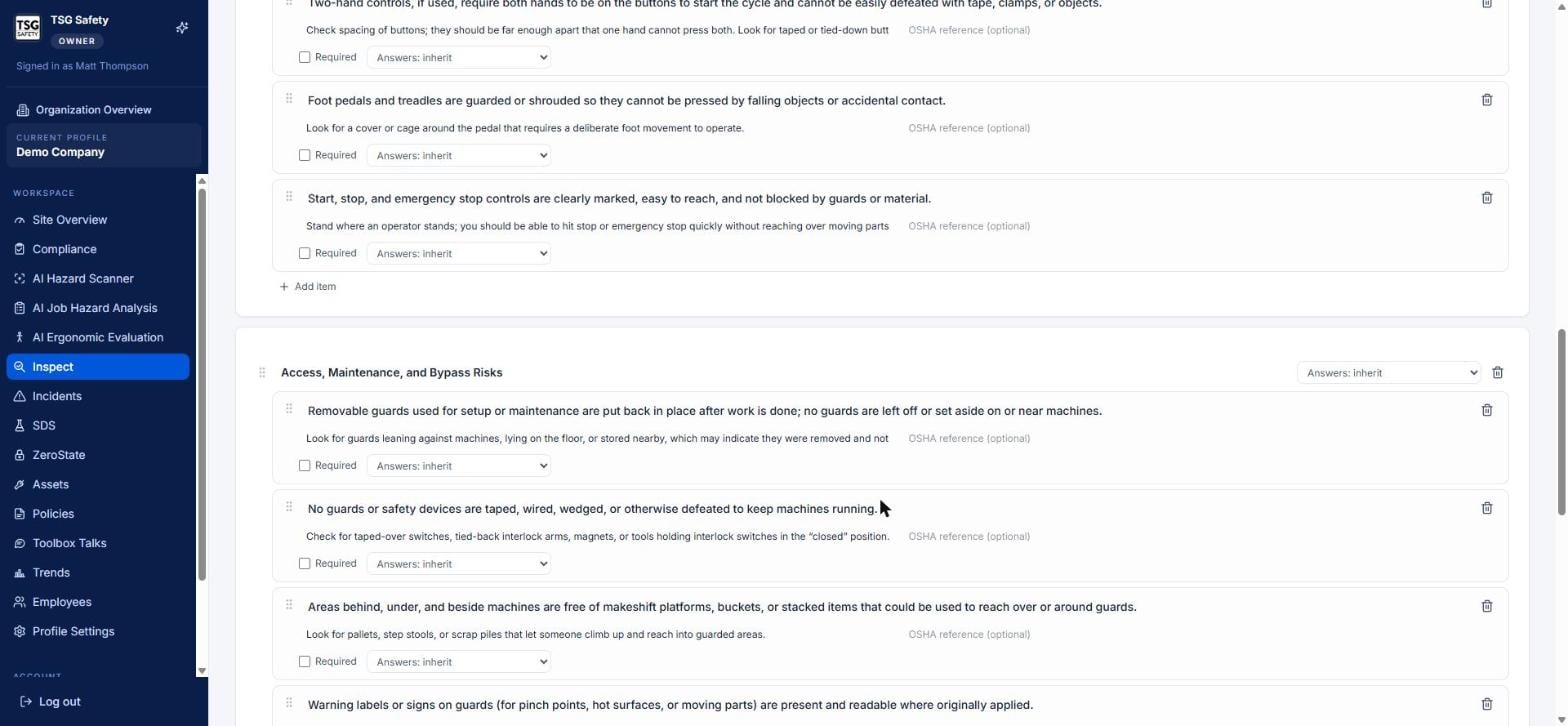 Checklist builder showing multiple sections and items with guidance text