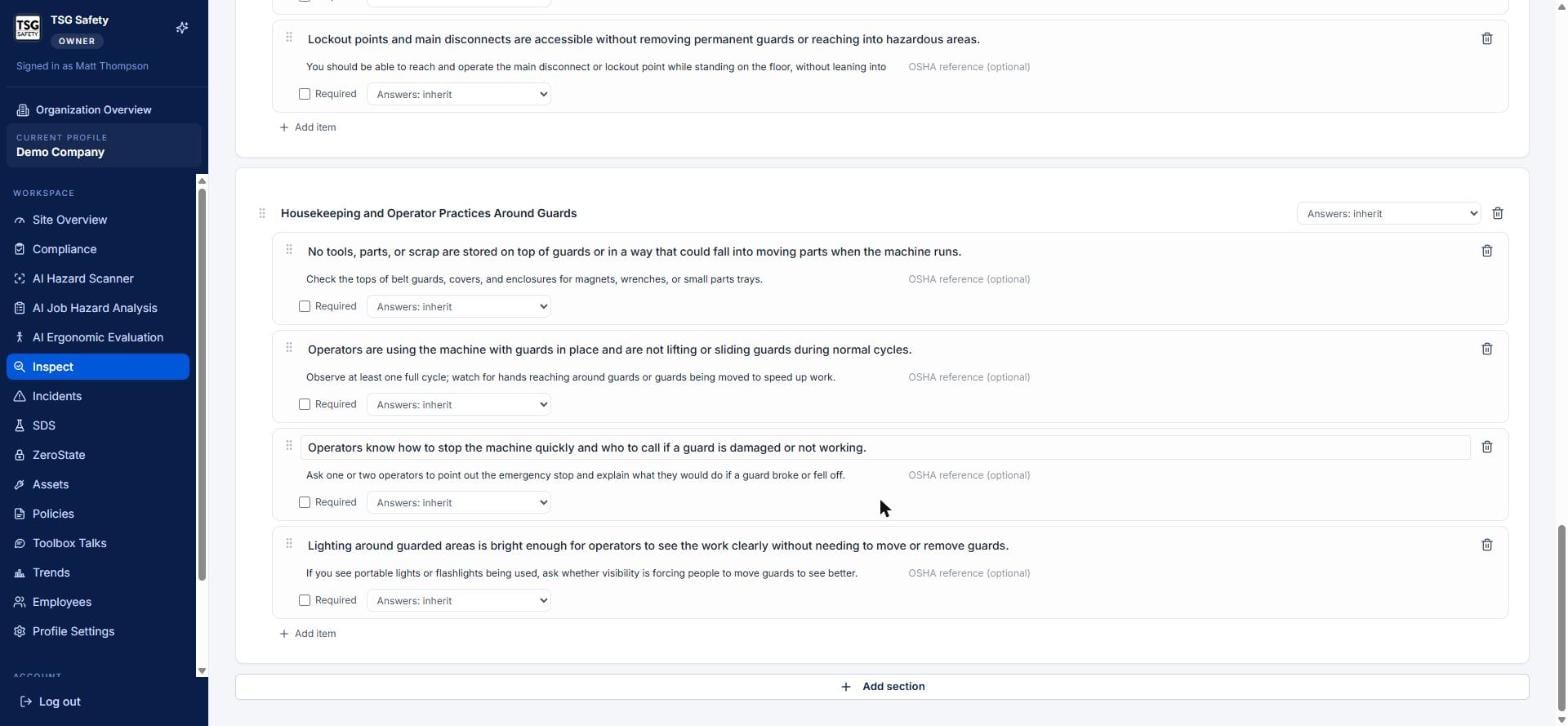 Bottom of the checklist builder with Add item and Add section buttons