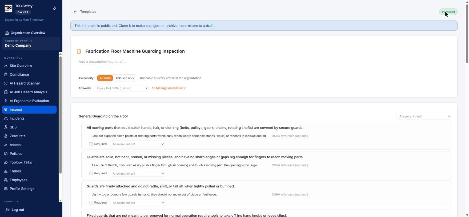 Published checklist template with a locked editing banner