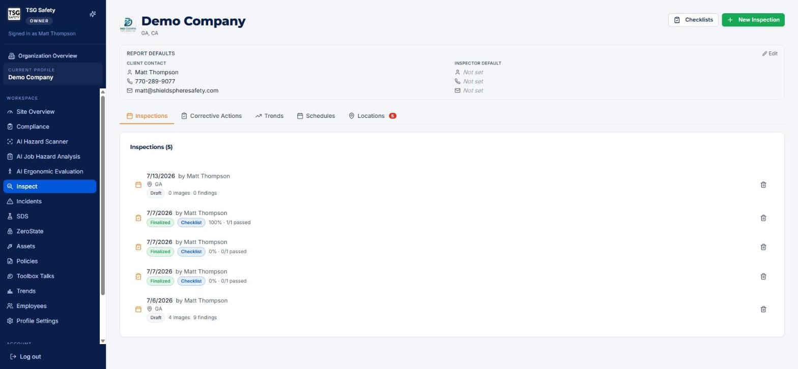 Inspect module home screen showing report defaults and the inspections list