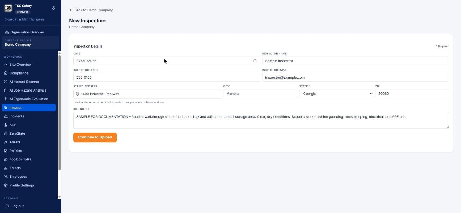 Inspection details form completed with inspector, address and site notes