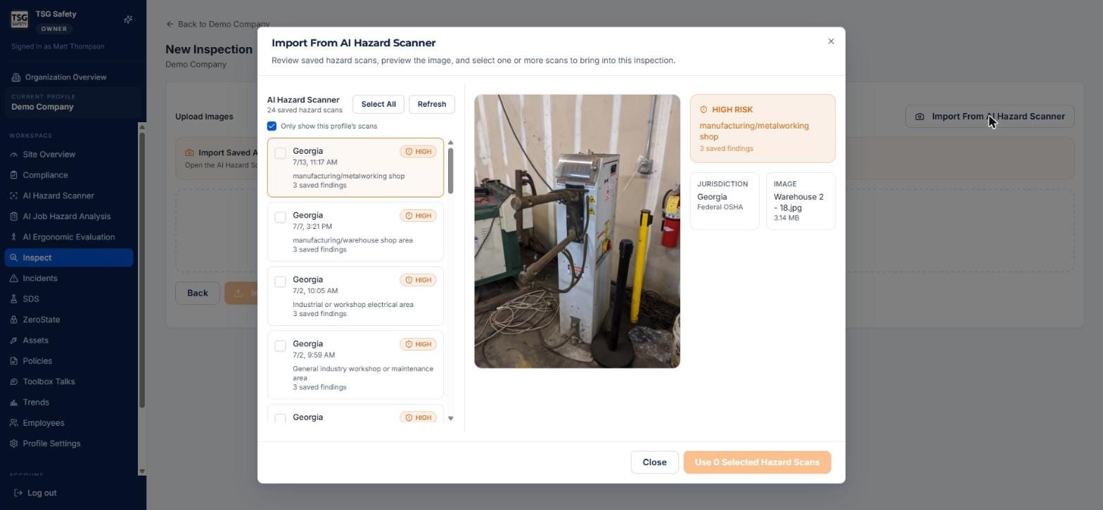 Import from AI Hazard Scanner window with a scan list and image preview