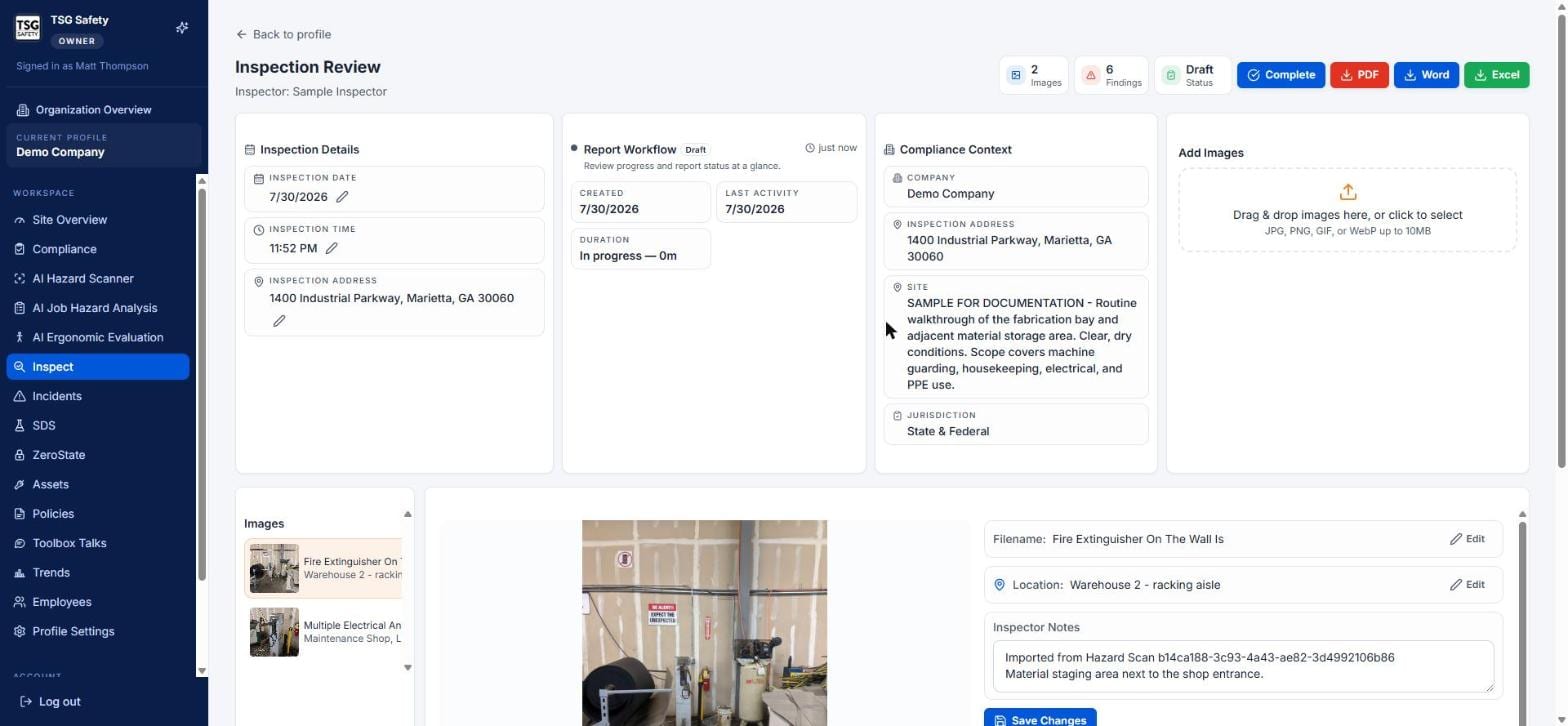Inspection Review screen showing details, workflow status, compliance context and image list