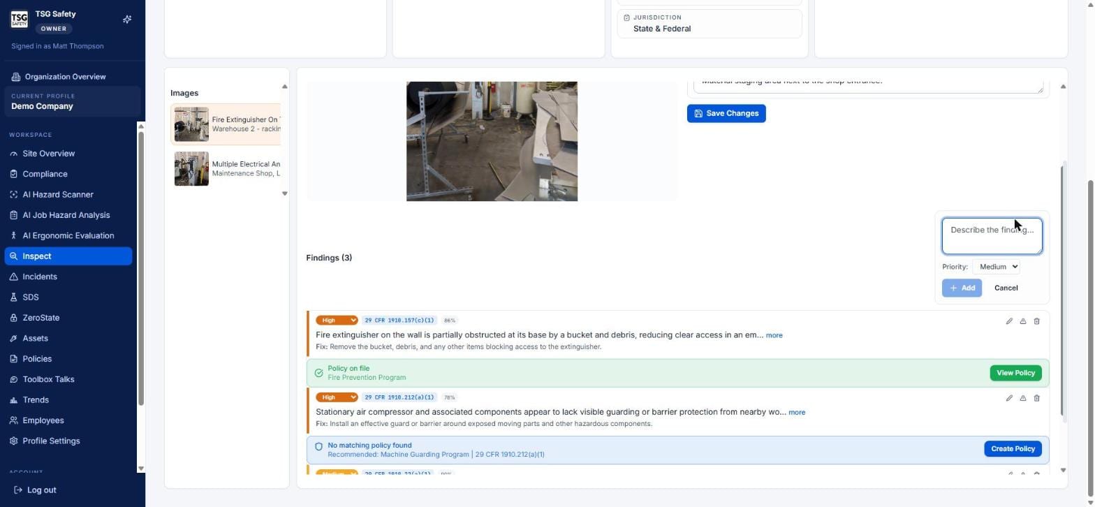 Add Finding inline form with description field and priority dropdown