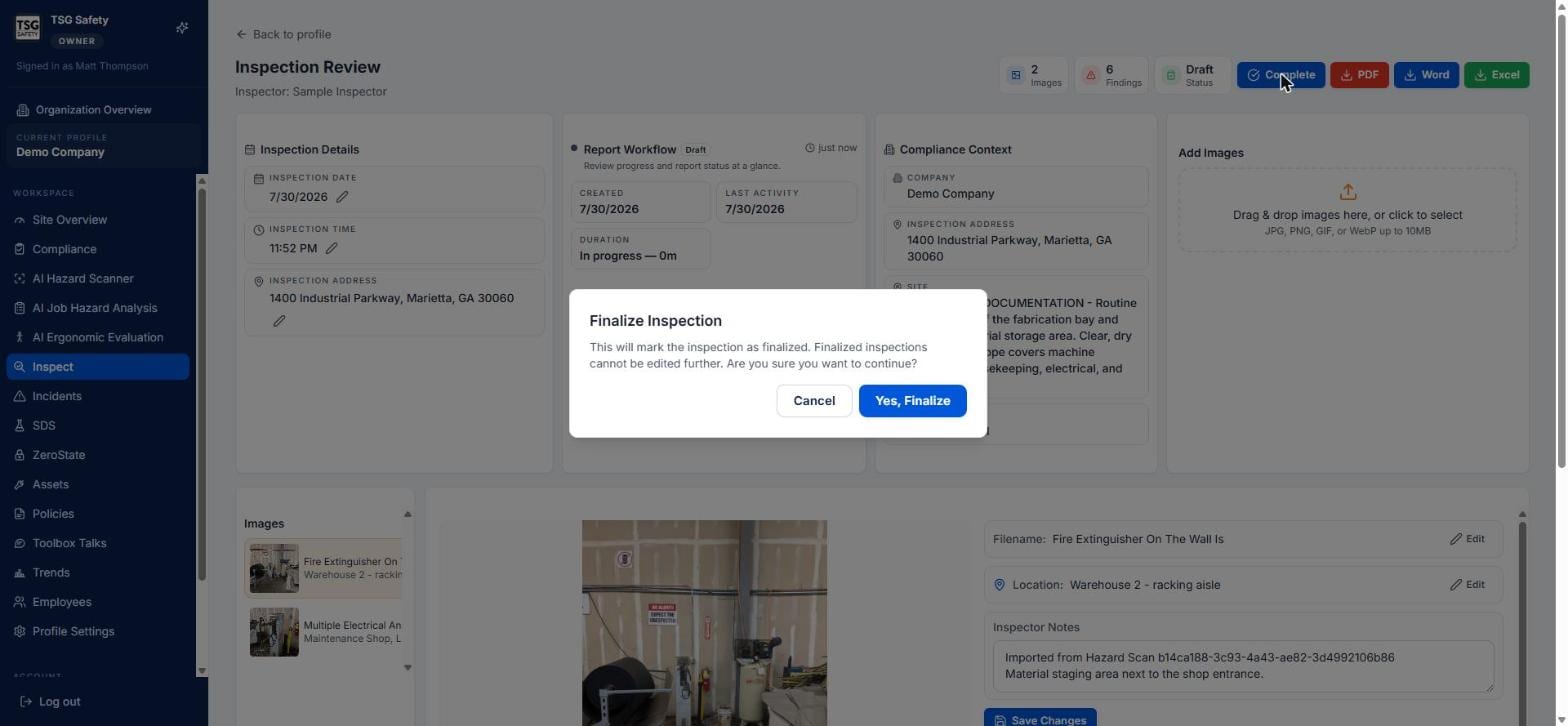 Finalize Inspection confirmation dialog