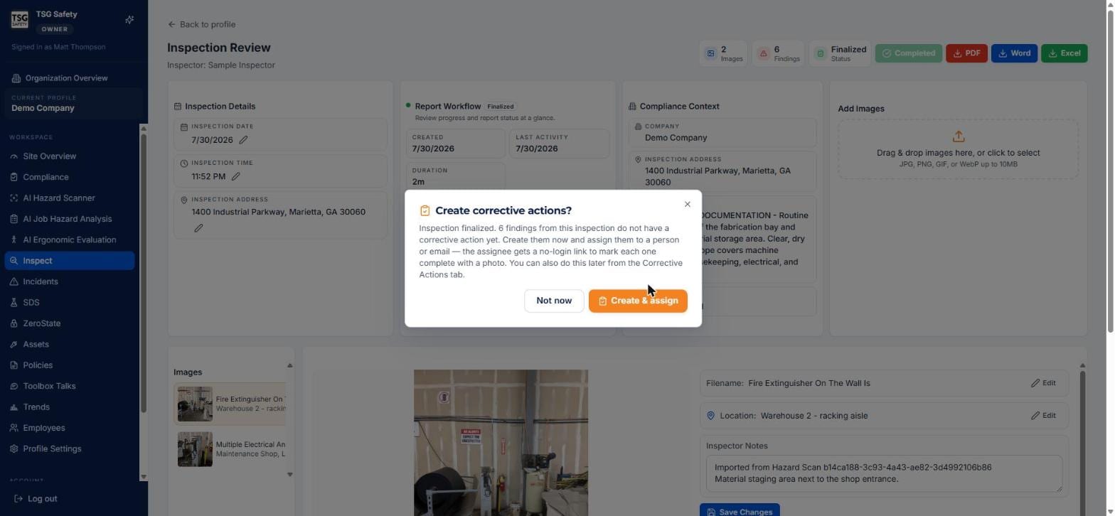 Create corrective actions prompt after finalizing an inspection