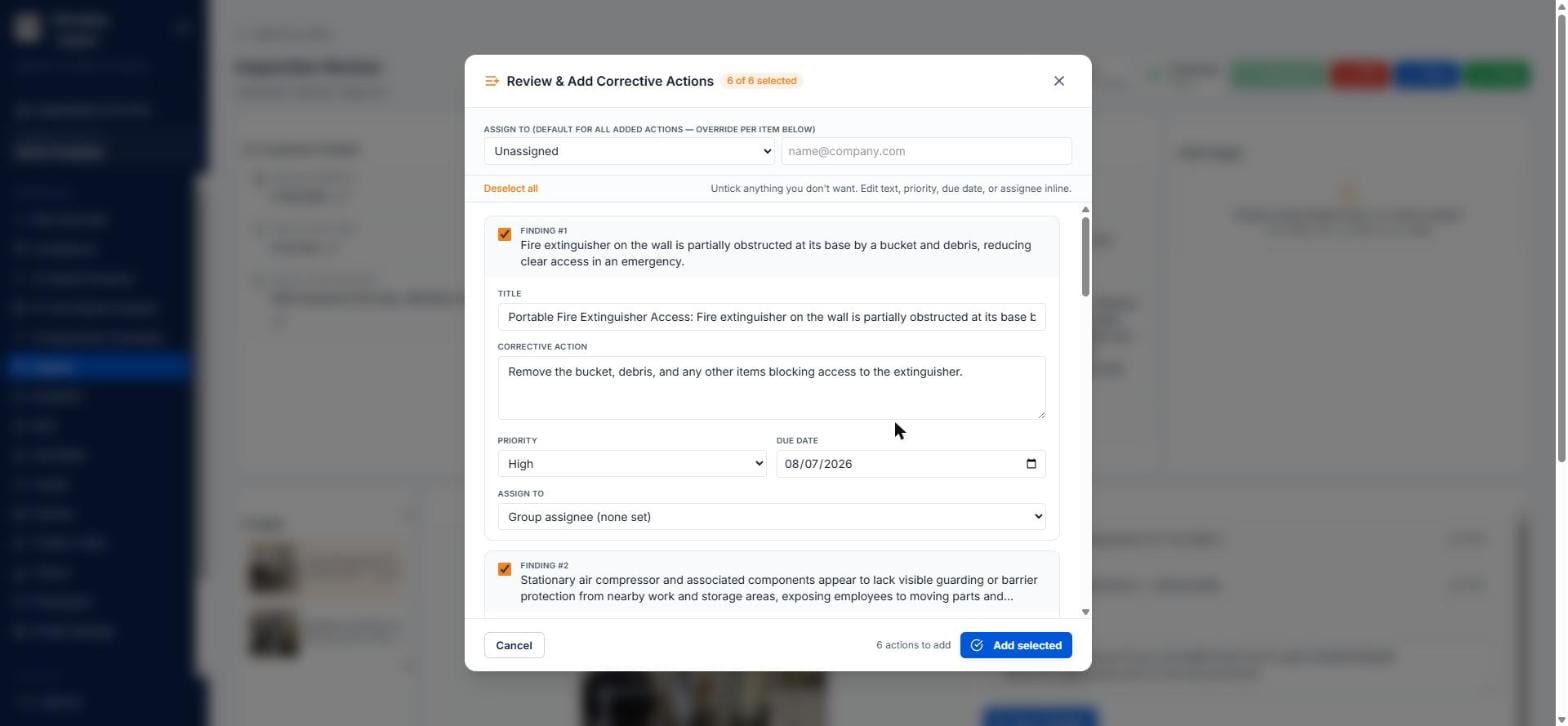 Review and Add Corrective Actions window with per-item titles, priorities, due dates and assignees