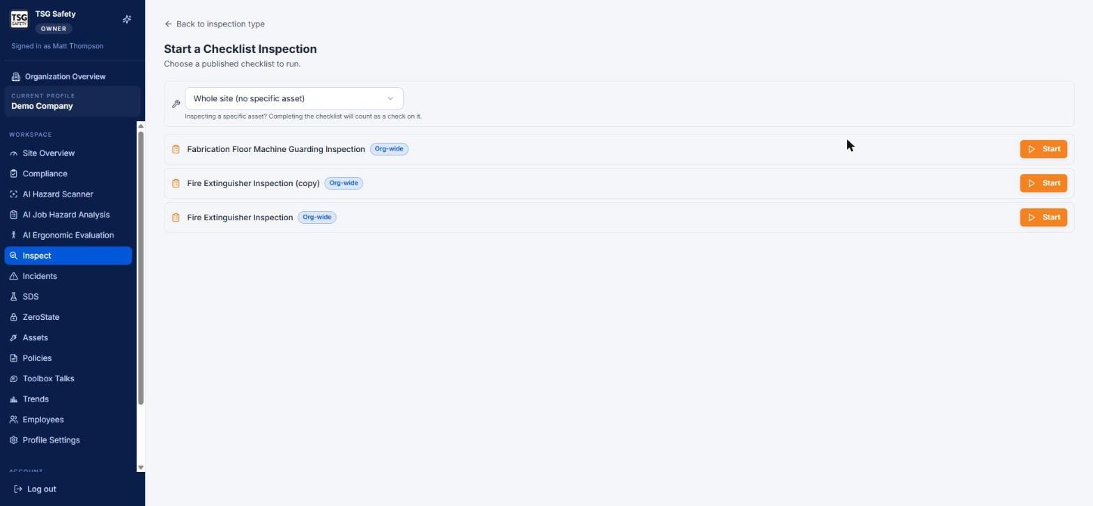 Start a Checklist Inspection screen listing published templates