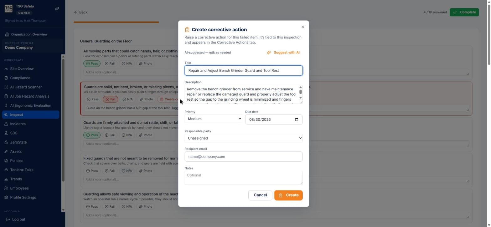 Create corrective action dialog pre-filled by AI from the failed item