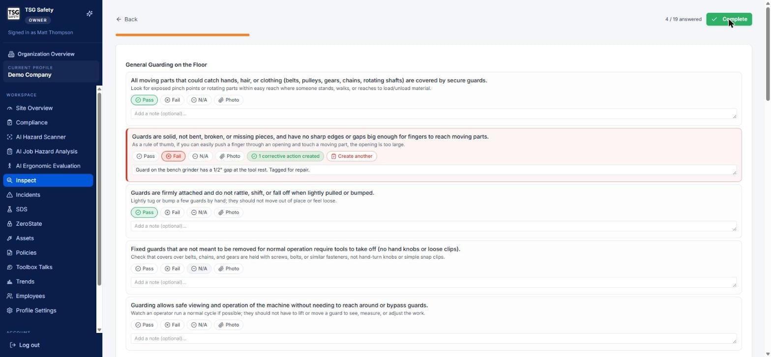Failed checklist item now showing one corrective action created