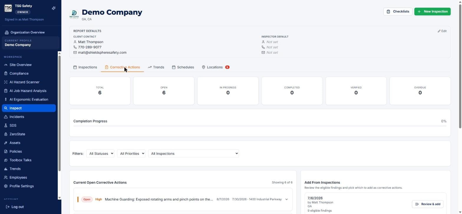 Corrective Actions tab with status counts and completion progress bar