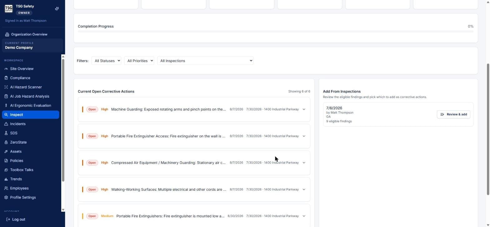 List of open corrective actions with priority, due date and source inspection