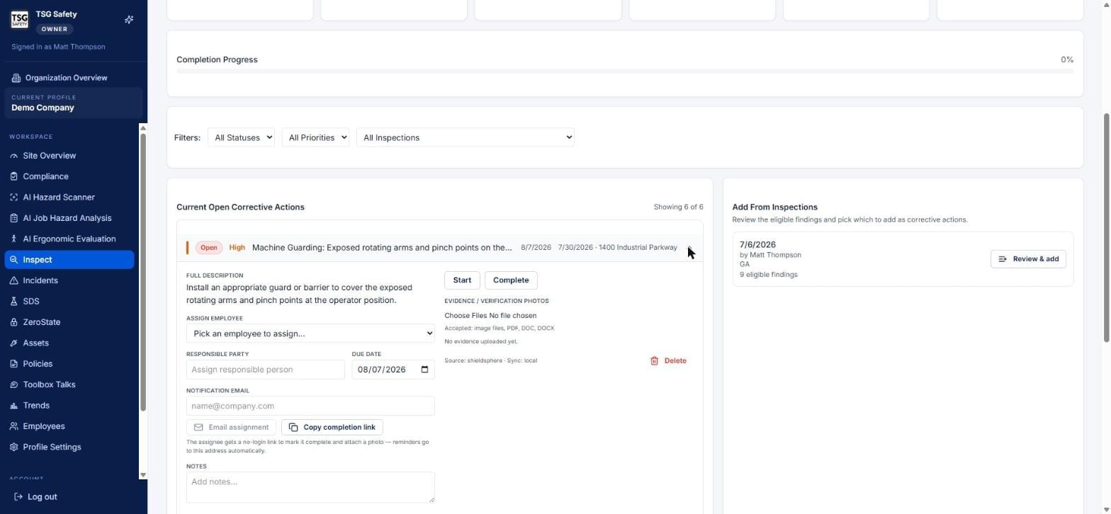 Expanded corrective action showing assignment, due date, notification email and evidence upload