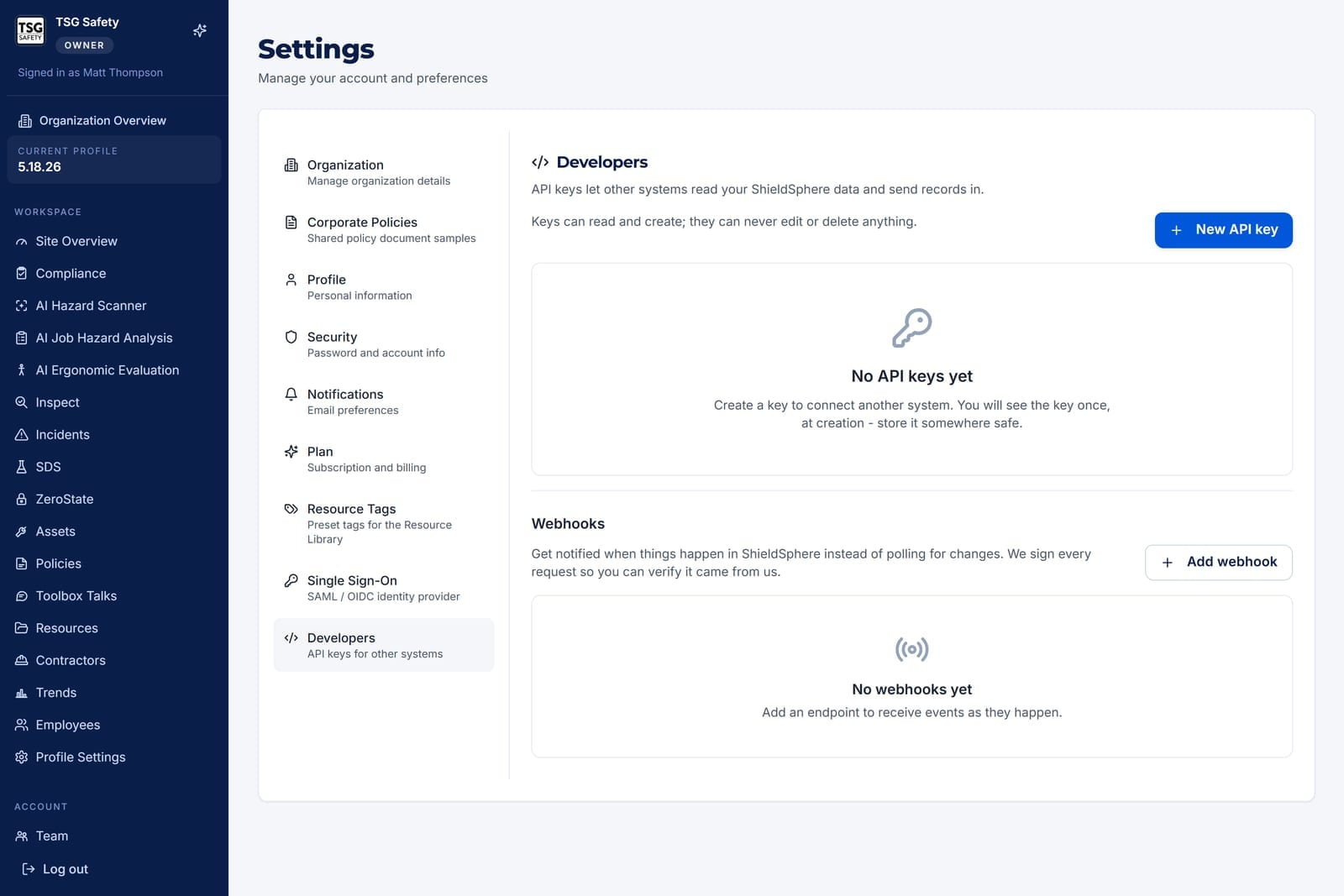 Developers section of ShieldSphere Settings showing an empty API keys panel and an empty Webhooks panel