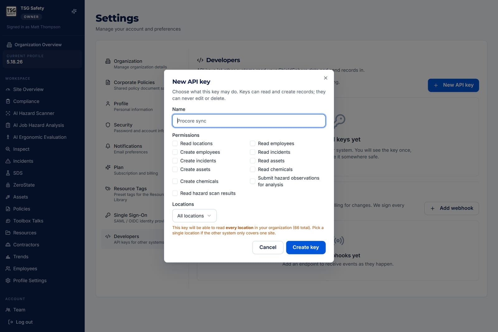 New API key dialog with an empty name field, eleven permission checkboxes, and a Locations dropdown set to All locations