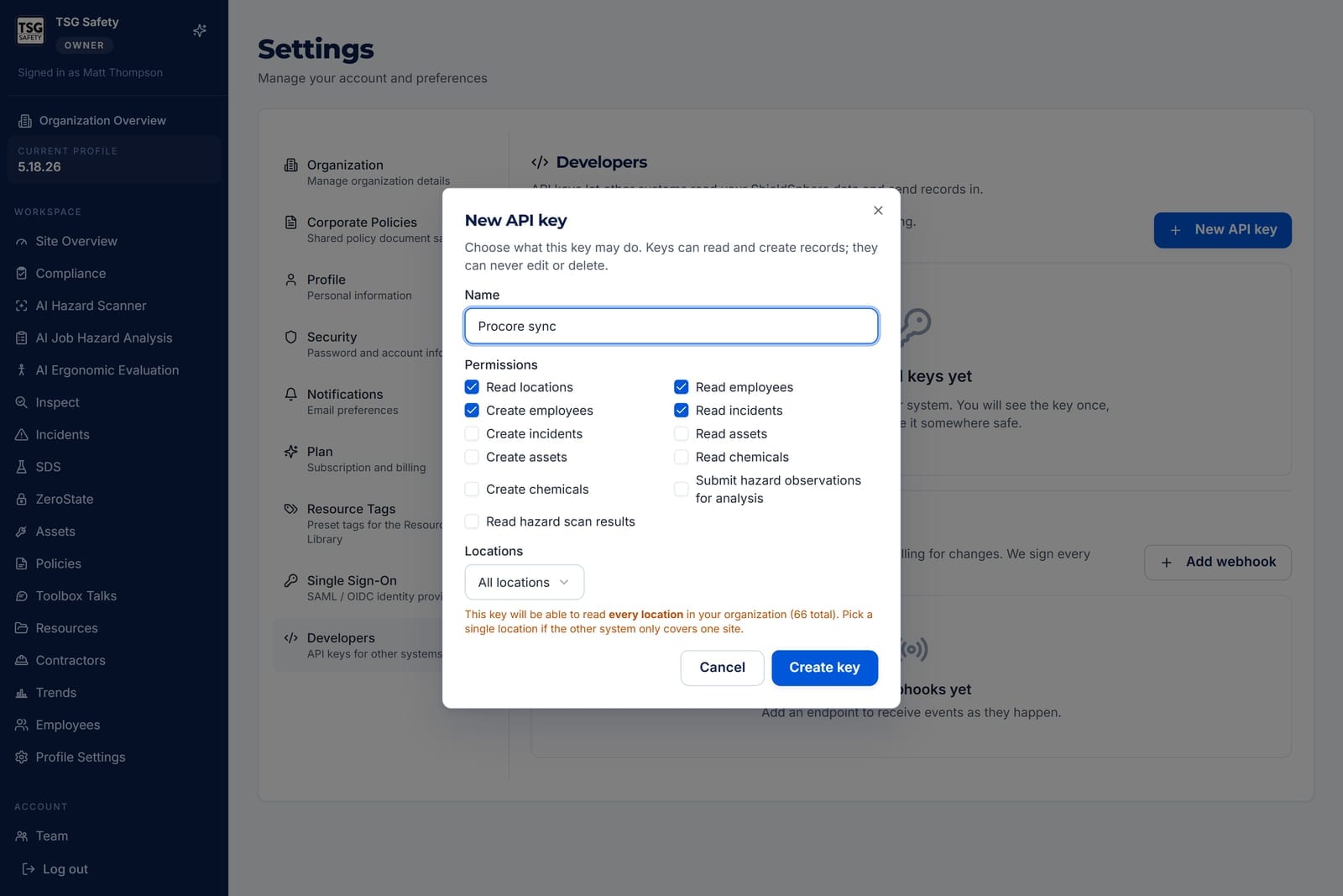 New API key dialog filled in with the name Procore sync, four permissions ticked, and an amber warning that the key will read every location