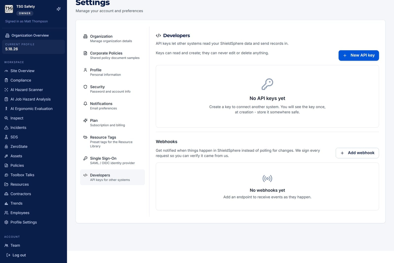 Webhooks panel in the Developers section with an empty state reading No webhooks yet