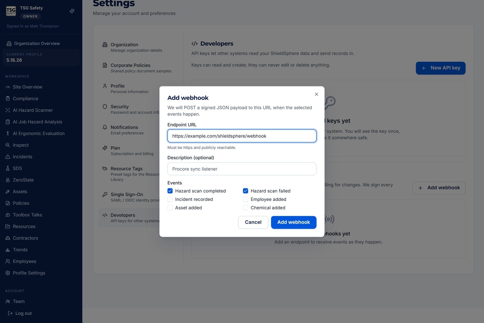 Add webhook dialog with an endpoint URL filled in and two events ticked, hazard scan completed and hazard scan failed