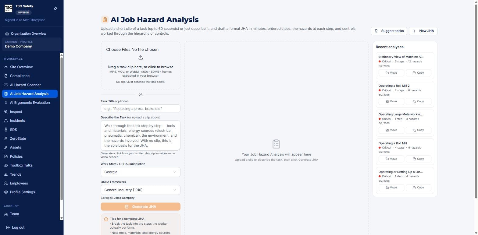 JHA home with the clip upload box, task description field, state and framework, and recent analyses