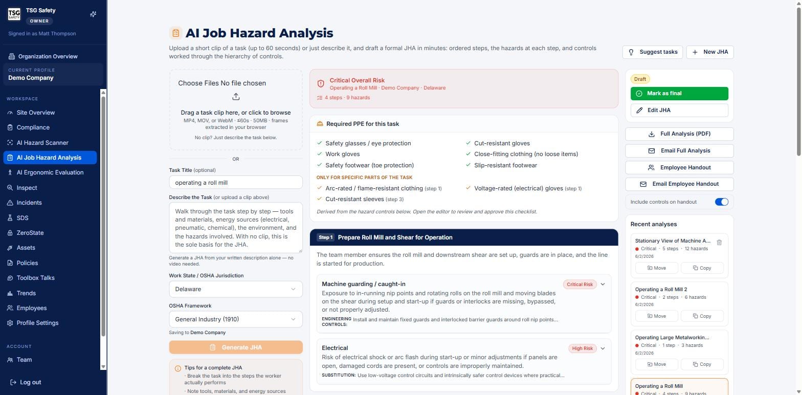 Generated JHA showing critical overall risk, required PPE, and the first step with its hazards and controls